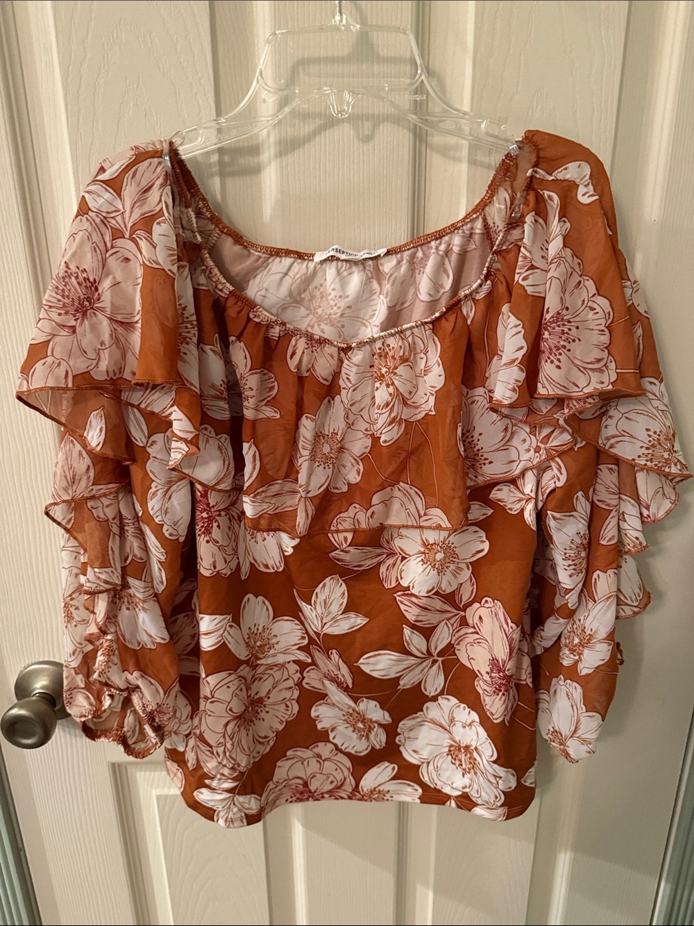 PerSeption Concept Rust Floral Off-Shoulder Ruffle Blouse - Picture 4 of 5